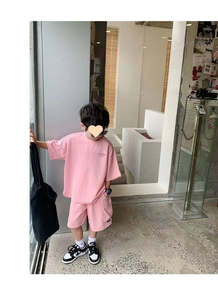 Summer Casual Boys Cotton Loose Alphabet T-shirt Tops+Short Pants Set School Kids Tracksuit Children 2-Piece Outfit Suit 2-14Yrs - Mom & Kids