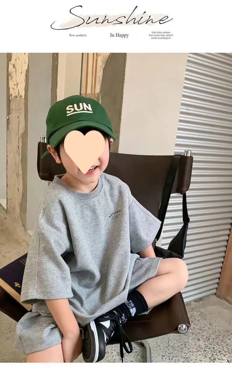 Summer Casual Boys Cotton Loose Alphabet T-shirt Tops+Short Pants Set School Kids Tracksuit Children 2-Piece Outfit Suit 2-14Yrs - Mom & Kids