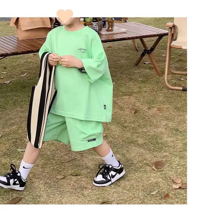 Summer Casual Boys Cotton Loose Alphabet T-shirt Tops+Short Pants Set School Kids Tracksuit Children 2-Piece Outfit Suit 2-14Yrs - Mom & Kids
