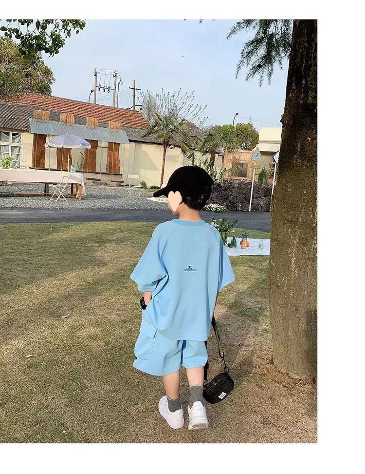 Summer Casual Boys Cotton Loose Alphabet T-shirt Tops+Short Pants Set School Kids Tracksuit Children 2-Piece Outfit Suit 2-14Yrs - Mom & Kids