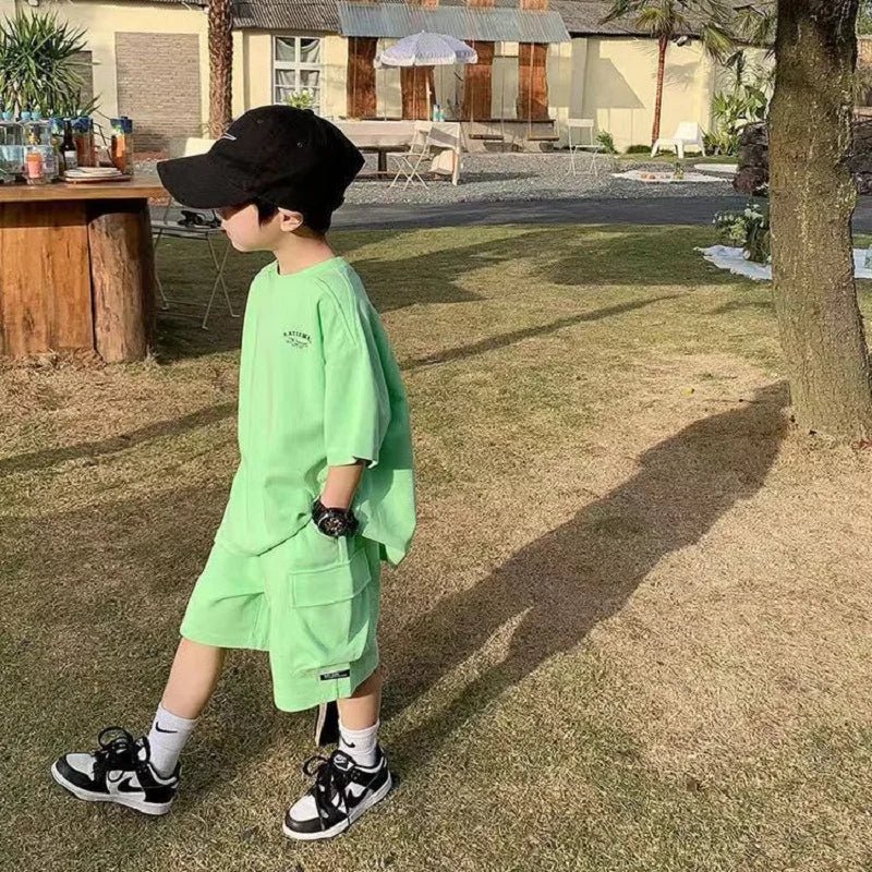Summer Casual Boys Cotton Loose Alphabet T-shirt Tops+Short Pants Set School Kids Tracksuit Children 2-Piece Outfit Suit 2-14Yrs - Mom & Kids