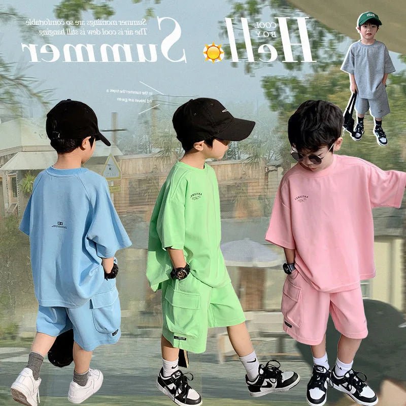 Summer Casual Boys Cotton Loose Alphabet T-shirt Tops+Short Pants Set School Kids Tracksuit Children 2-Piece Outfit Suit 2-14Yrs - Mom & Kids