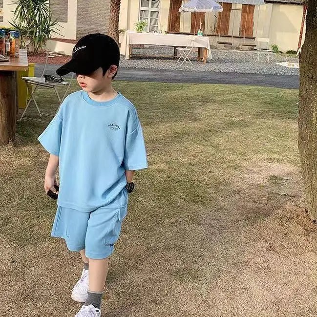 Summer Casual Boys Cotton Loose Alphabet T-shirt Tops+Short Pants Set School Kids Tracksuit Children 2-Piece Outfit Suit 2-14Yrs - Mom & Kids