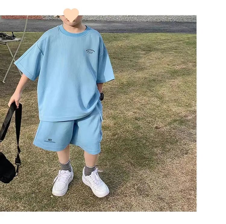 Summer Casual Boys Cotton Loose Alphabet T-shirt Tops+Short Pants Set School Kids Tracksuit Children 2-Piece Outfit Suit 2-14Yrs - Mom & Kids