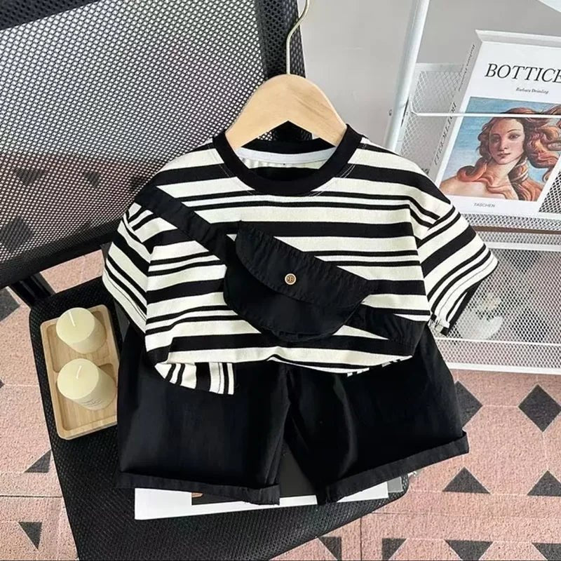 Summer Children Clothes Boys Girls Short-sleeved Striped T-shirt +Shorts 2Pcs Set Babies Fashion Round Neck Outfits Kids Suits - Mom & Kids