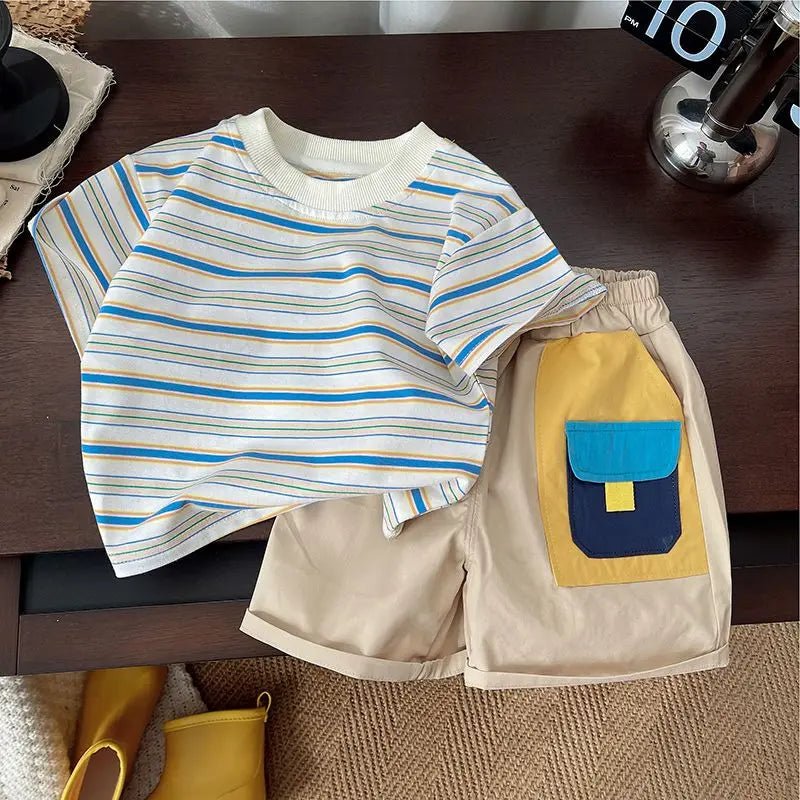 Summer Children Clothes Boys Girls Short-sleeved Striped T-shirt +Shorts 2Pcs Set Babies Fashion Round Neck Outfits Kids Suits - Mom & Kids