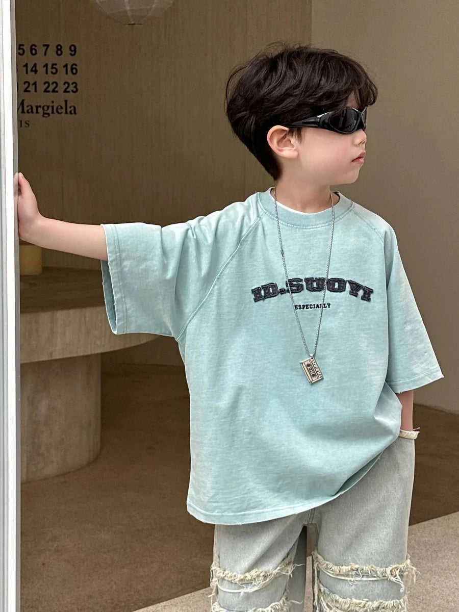 Summer Collection Children's Short Sleeves Grinding Embroidered Half Sleeve T-shirt - Mom & Kids