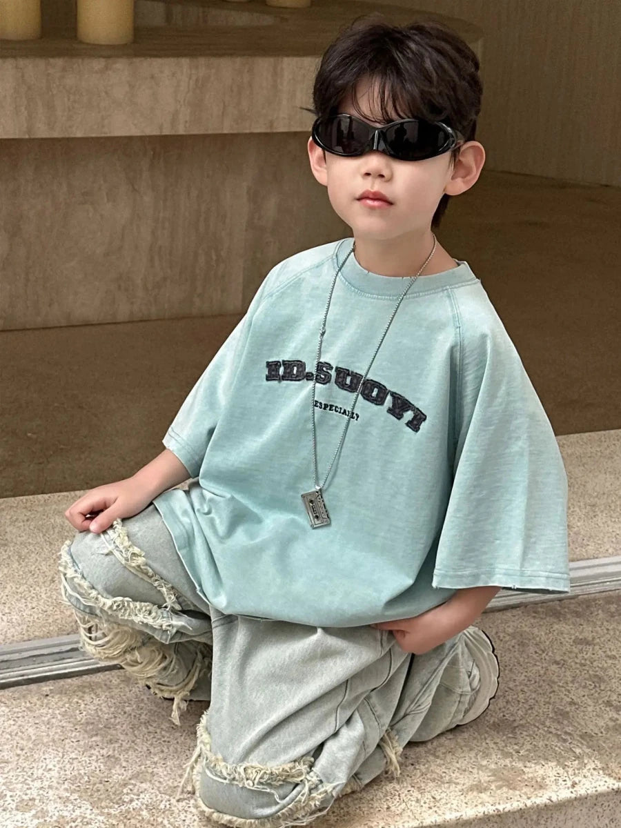 Summer Collection Children's Short Sleeves Grinding Embroidered Half Sleeve T-shirt - Mom & Kids