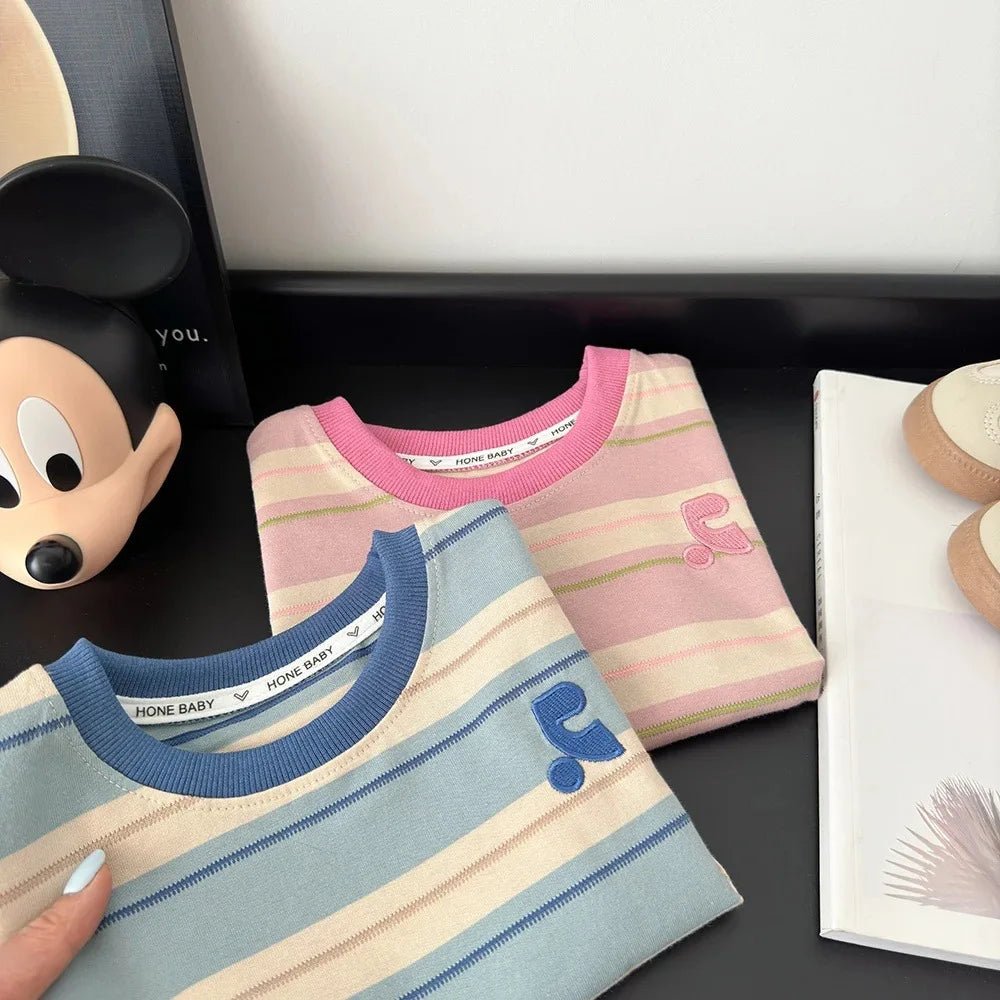 Summer Cotton Children Striped Short Sleeved Embroidered T-shirt for Boys and Girls Korean Versatile Short T-shirts Fashion Top - Mom & Kids