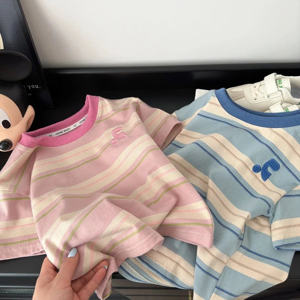 Summer Cotton Children Striped Short Sleeved Embroidered T-shirt for Boys and Girls Korean Versatile Short T-shirts Fashion Top - Mom & Kids