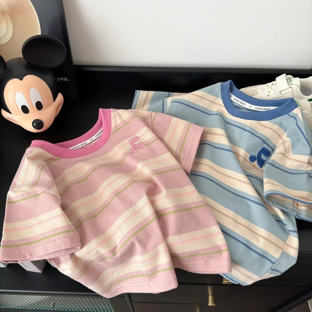 Summer Cotton Children Striped Short Sleeved Embroidered T-shirt for Boys and Girls Korean Versatile Short T-shirts Fashion Top - Mom & Kids