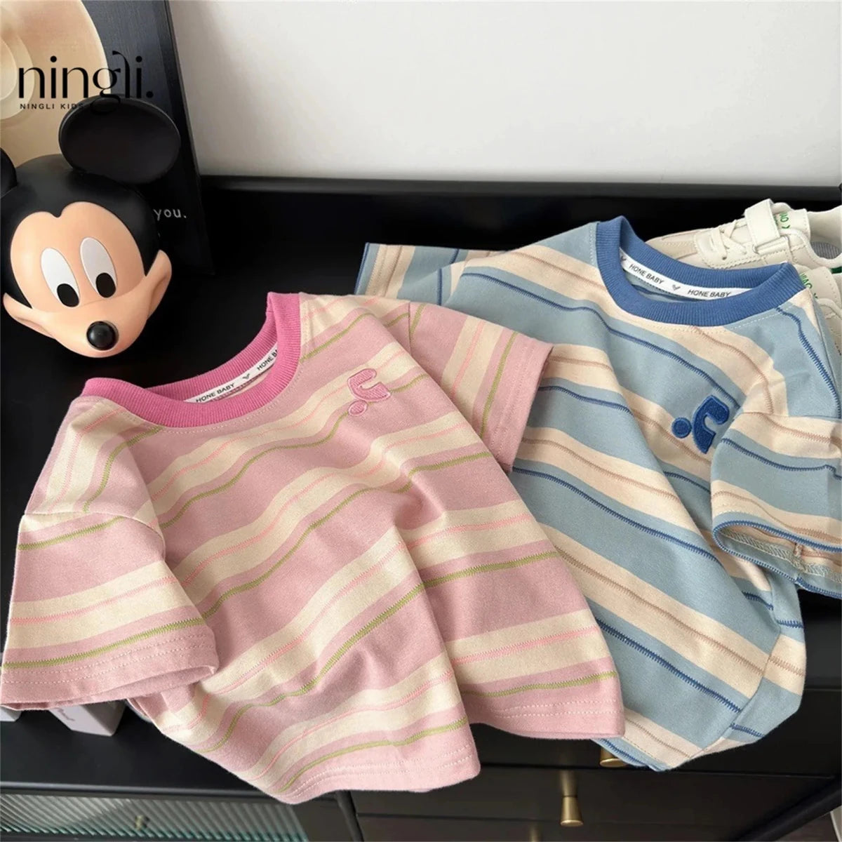 Summer Cotton Children Striped Short Sleeved Embroidered T-shirt for Boys and Girls Korean Versatile Short T-shirts Fashion Top - Mom & Kids