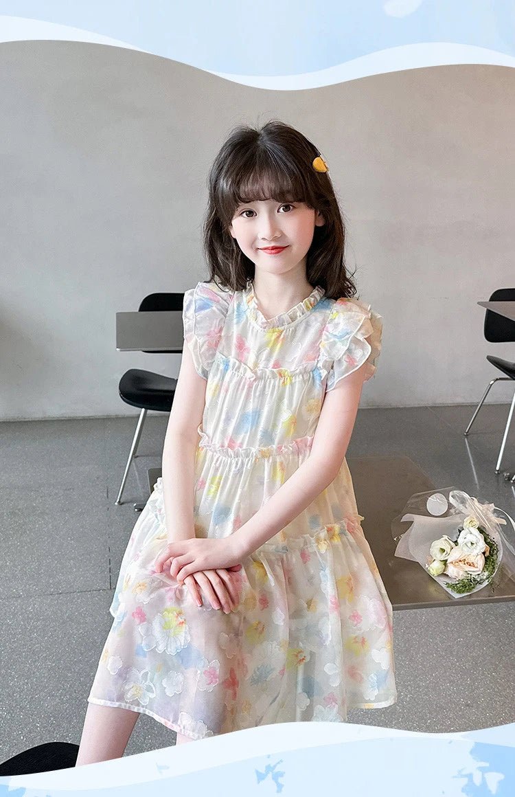 Summer girl's dress new style children's Western style floral chiffon princess dress printed baby's park play skirt - Mom & Kids
