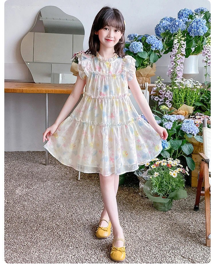 Summer girl's dress new style children's Western style floral chiffon princess dress printed baby's park play skirt - Mom & Kids