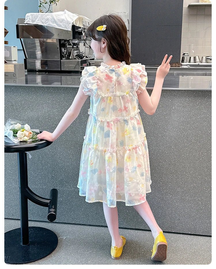 Summer girl's dress new style children's Western style floral chiffon princess dress printed baby's park play skirt - Mom & Kids