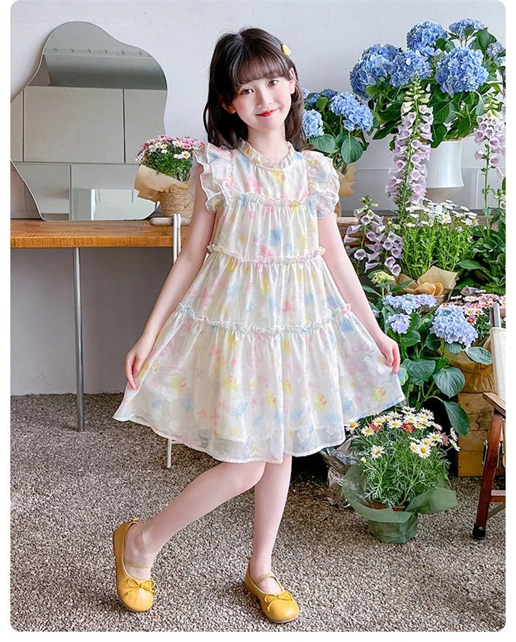 Summer girl's dress new style children's Western style floral chiffon princess dress printed baby's park play skirt - Mom & Kids