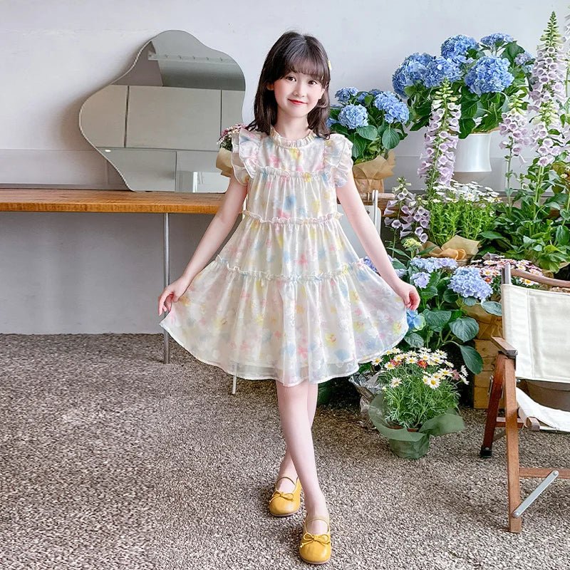 Summer girl's dress new style children's Western style floral chiffon princess dress printed baby's park play skirt - Mom & Kids