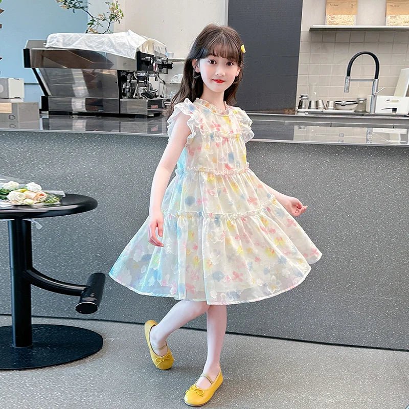 Summer girl's dress new style children's Western style floral chiffon princess dress printed baby's park play skirt - Mom & Kids