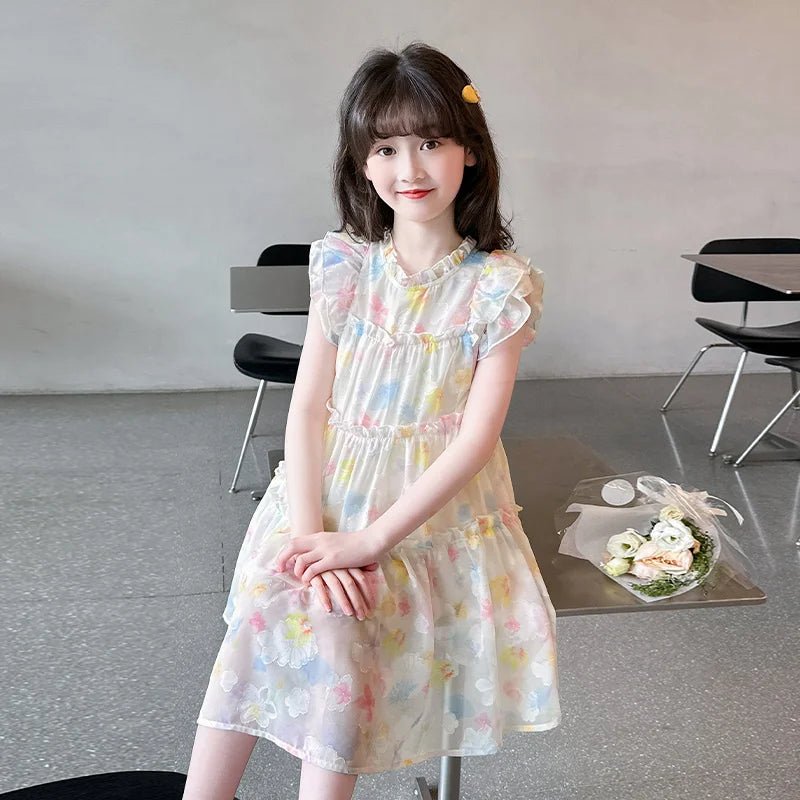Summer girl's dress new style children's Western style floral chiffon princess dress printed baby's park play skirt - Mom & Kids