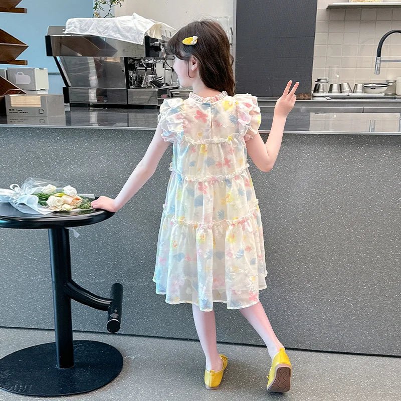 Summer girl's dress new style children's Western style floral chiffon princess dress printed baby's park play skirt - Mom & Kids