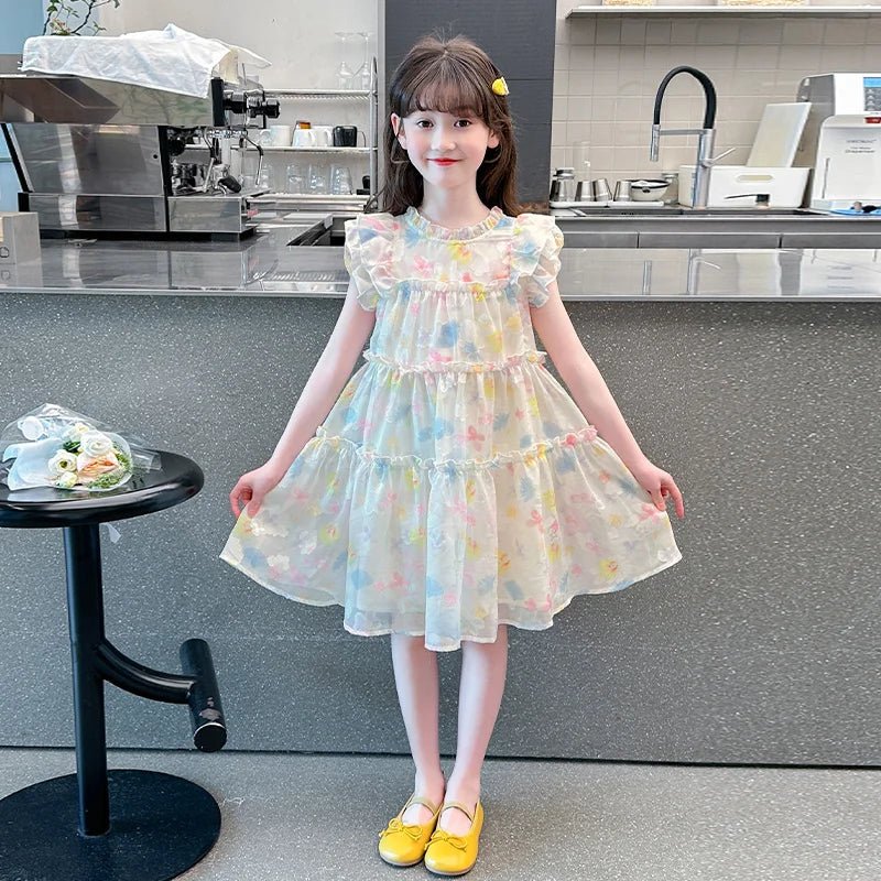 Summer girl's dress new style children's Western style floral chiffon princess dress printed baby's park play skirt - Mom & Kids
