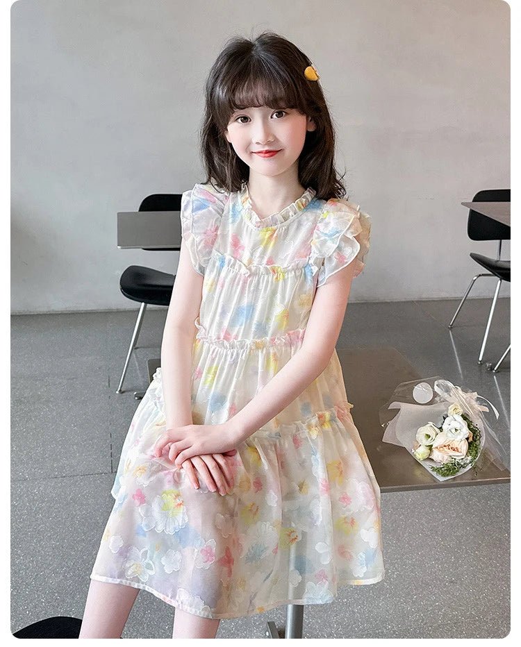 Summer girl's dress new style children's Western style floral chiffon princess dress printed baby's park play skirt - Mom & Kids