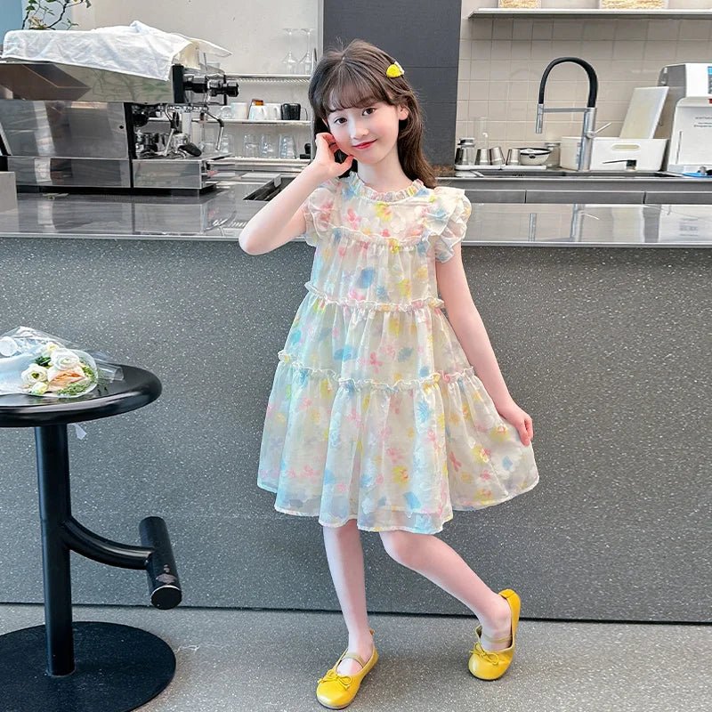 Summer girl's dress new style children's Western style floral chiffon princess dress printed baby's park play skirt - Mom & Kids
