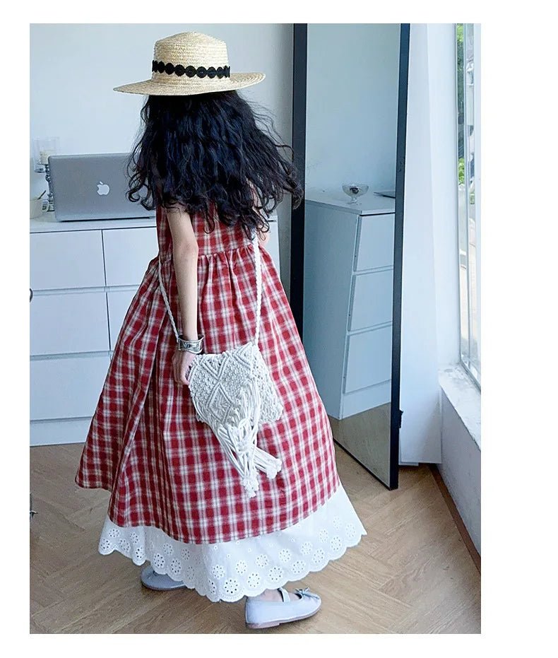 Summer Girls Retro Red Plaid Vest Dress 2-Piece Set Thin French Style Strappy Sundress Casual Vacation Outfit Teen Kids Clothes - Mom & Kids