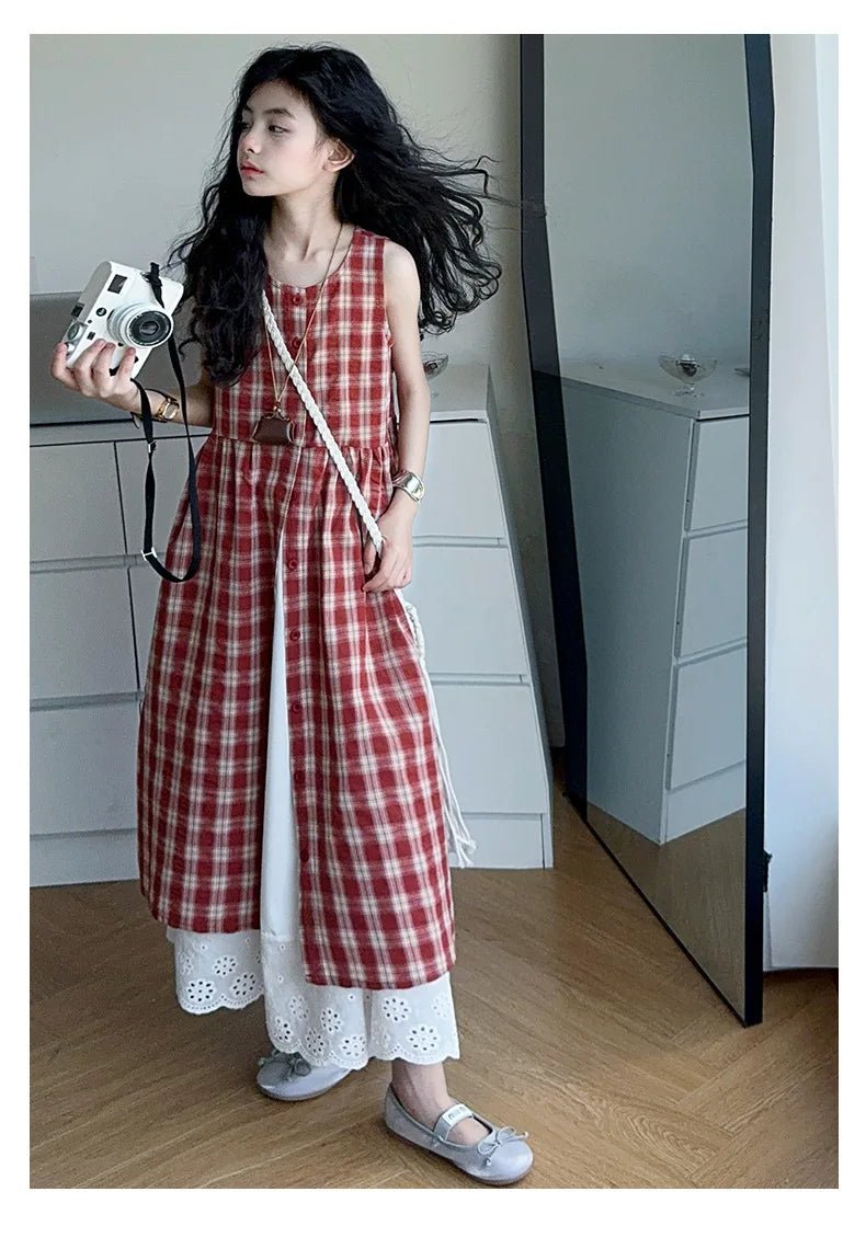 Summer Girls Retro Red Plaid Vest Dress 2-Piece Set Thin French Style Strappy Sundress Casual Vacation Outfit Teen Kids Clothes - Mom & Kids