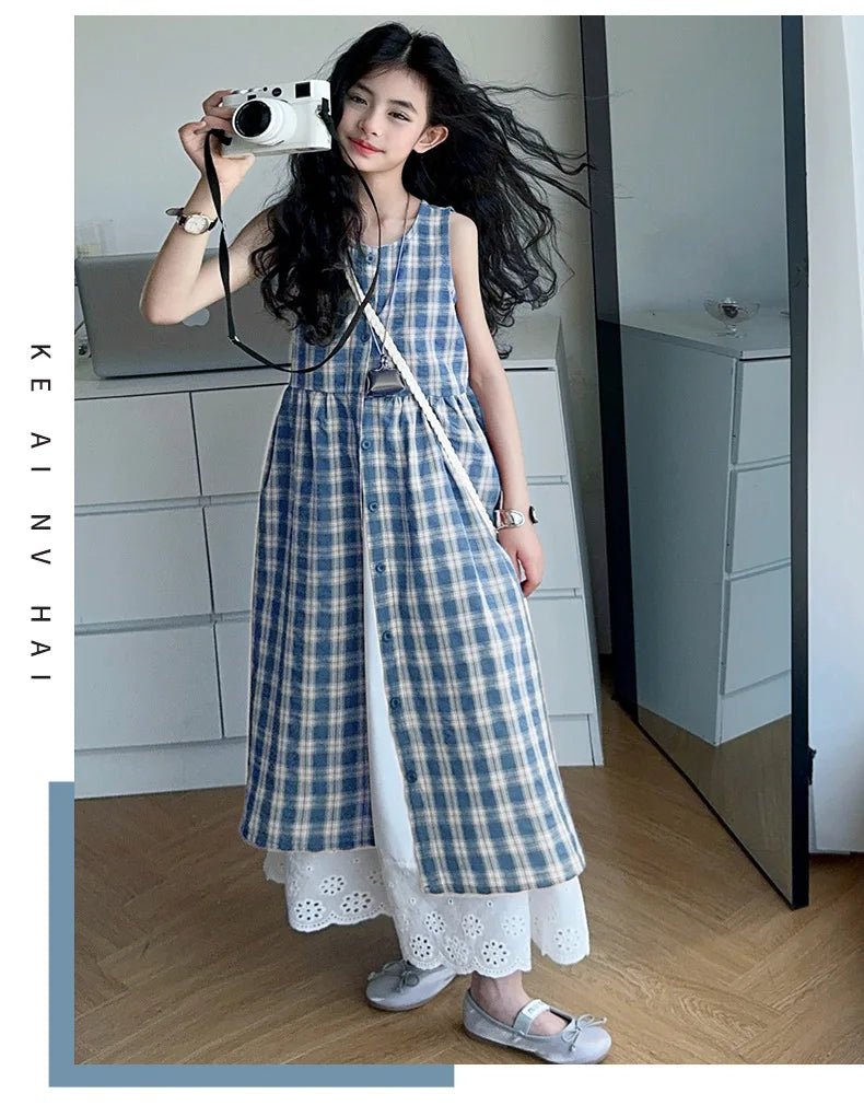 Summer Girls Retro Red Plaid Vest Dress 2-Piece Set Thin French Style Strappy Sundress Casual Vacation Outfit Teen Kids Clothes - Mom & Kids