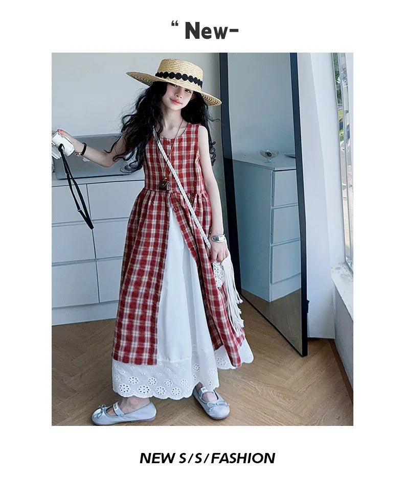 Summer Girls Retro Red Plaid Vest Dress 2-Piece Set Thin French Style Strappy Sundress Casual Vacation Outfit Teen Kids Clothes - Mom & Kids