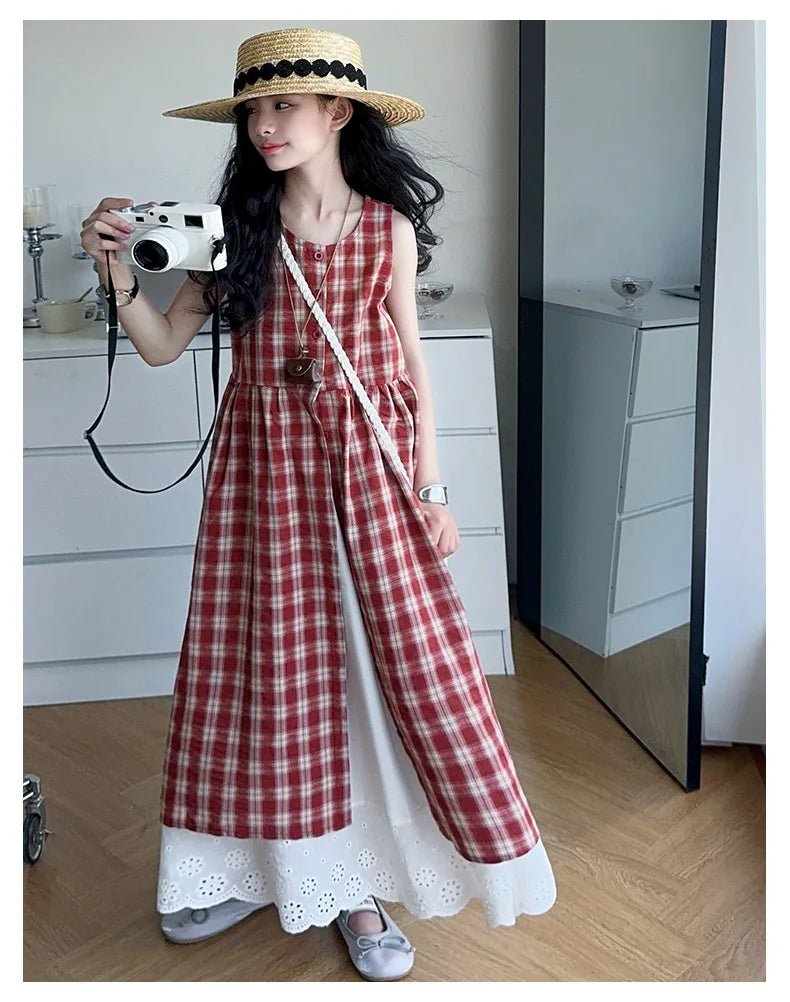 Summer Girls Retro Red Plaid Vest Dress 2-Piece Set Thin French Style Strappy Sundress Casual Vacation Outfit Teen Kids Clothes - Mom & Kids