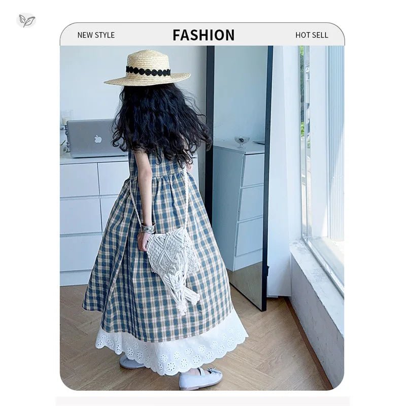 Summer Girls Retro Red Plaid Vest Dress 2-Piece Set Thin French Style Strappy Sundress Casual Vacation Outfit Teen Kids Clothes - Mom & Kids