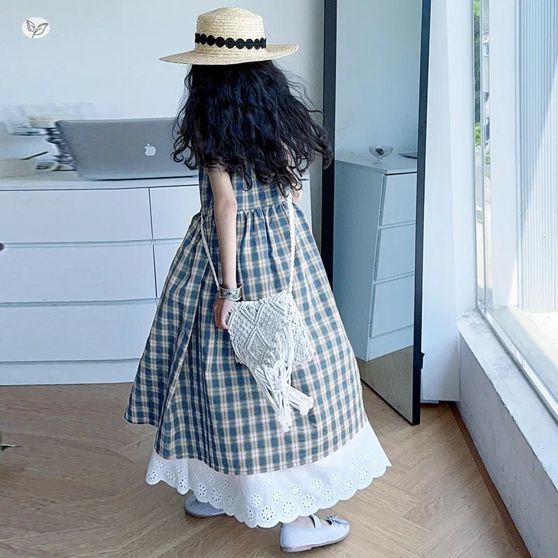 Summer Girls Retro Red Plaid Vest Dress 2-Piece Set Thin French Style Strappy Sundress Casual Vacation Outfit Teen Kids Clothes - Mom & Kids