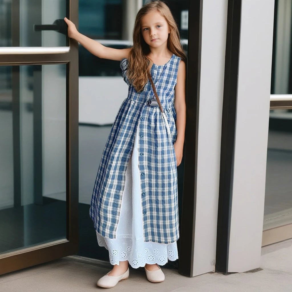 Summer Girls Retro Red Plaid Vest Dress 2-Piece Set Thin French Style Strappy Sundress Casual Vacation Outfit Teen Kids Clothes - Mom & Kids