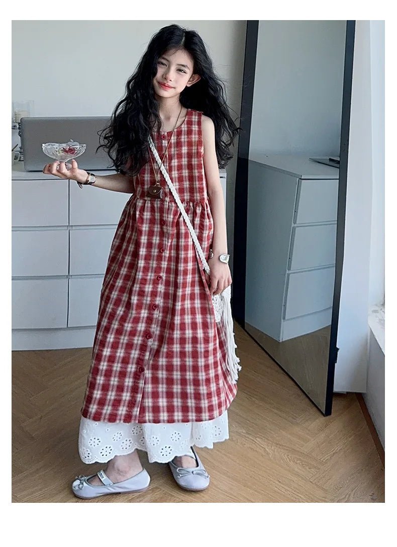 Summer Girls Retro Red Plaid Vest Dress 2-Piece Set Thin French Style Strappy Sundress Casual Vacation Outfit Teen Kids Clothes - Mom & Kids