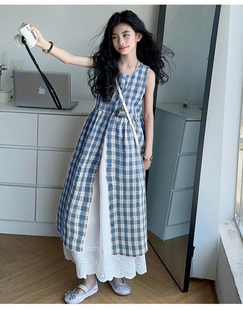Summer Girls Retro Red Plaid Vest Dress 2-Piece Set Thin French Style Strappy Sundress Casual Vacation Outfit Teen Kids Clothes - Mom & Kids