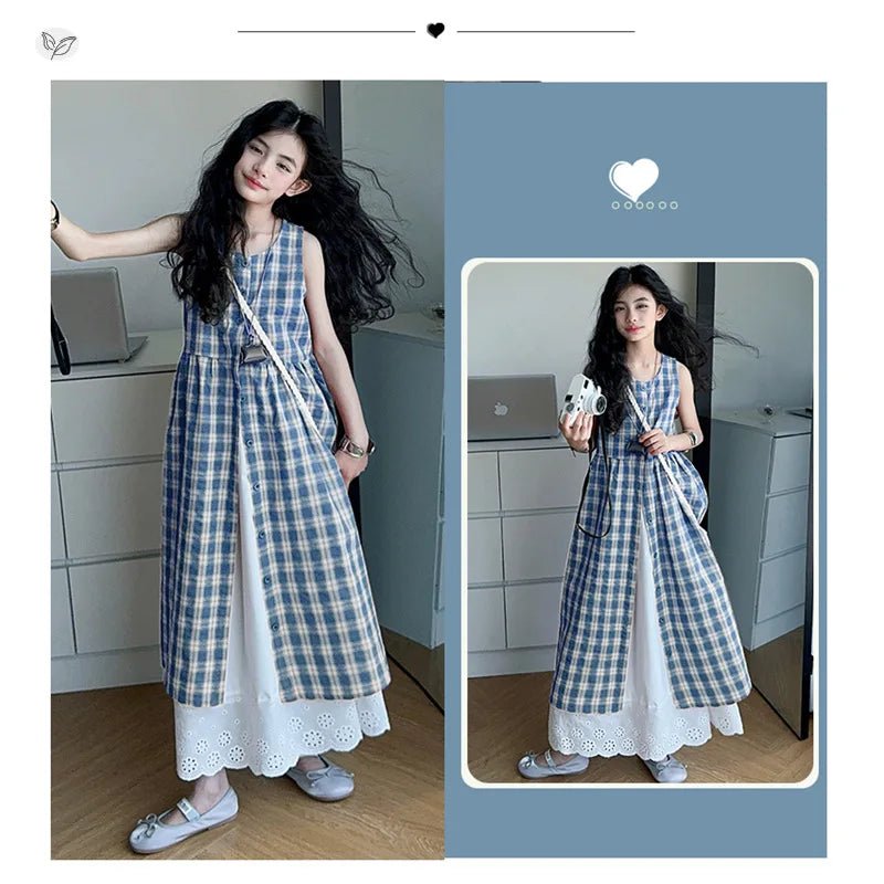 Summer Girls Retro Red Plaid Vest Dress 2-Piece Set Thin French Style Strappy Sundress Casual Vacation Outfit Teen Kids Clothes - Mom & Kids