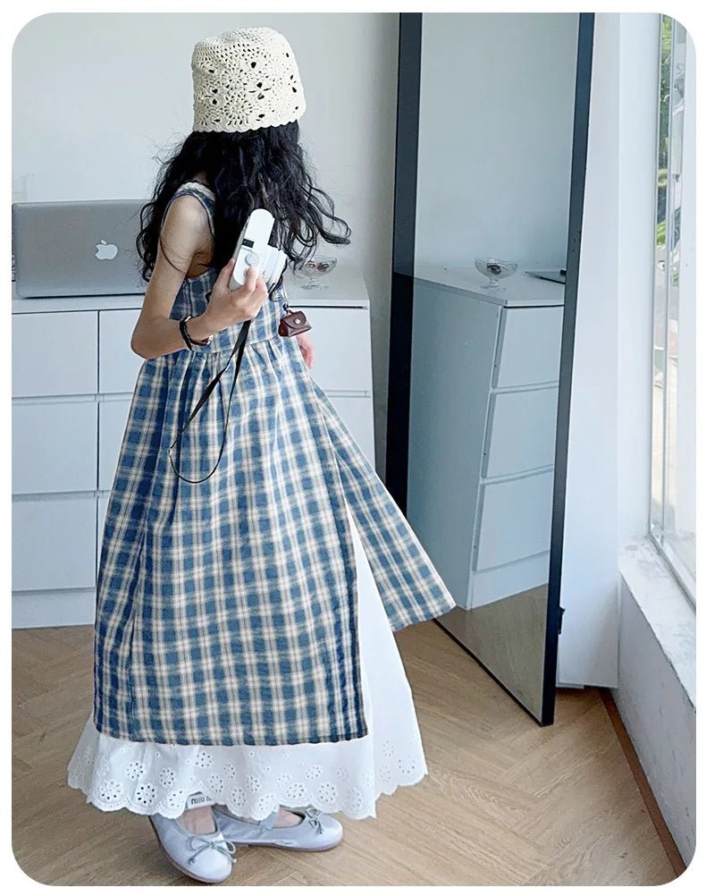 Summer Girls Retro Red Plaid Vest Dress 2-Piece Set Thin French Style Strappy Sundress Casual Vacation Outfit Teen Kids Clothes - Mom & Kids