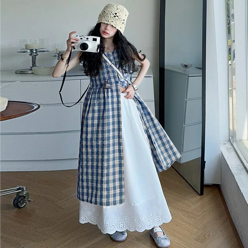Summer Girls Retro Red Plaid Vest Dress 2-Piece Set Thin French Style Strappy Sundress Casual Vacation Outfit Teen Kids Clothes - Mom & Kids
