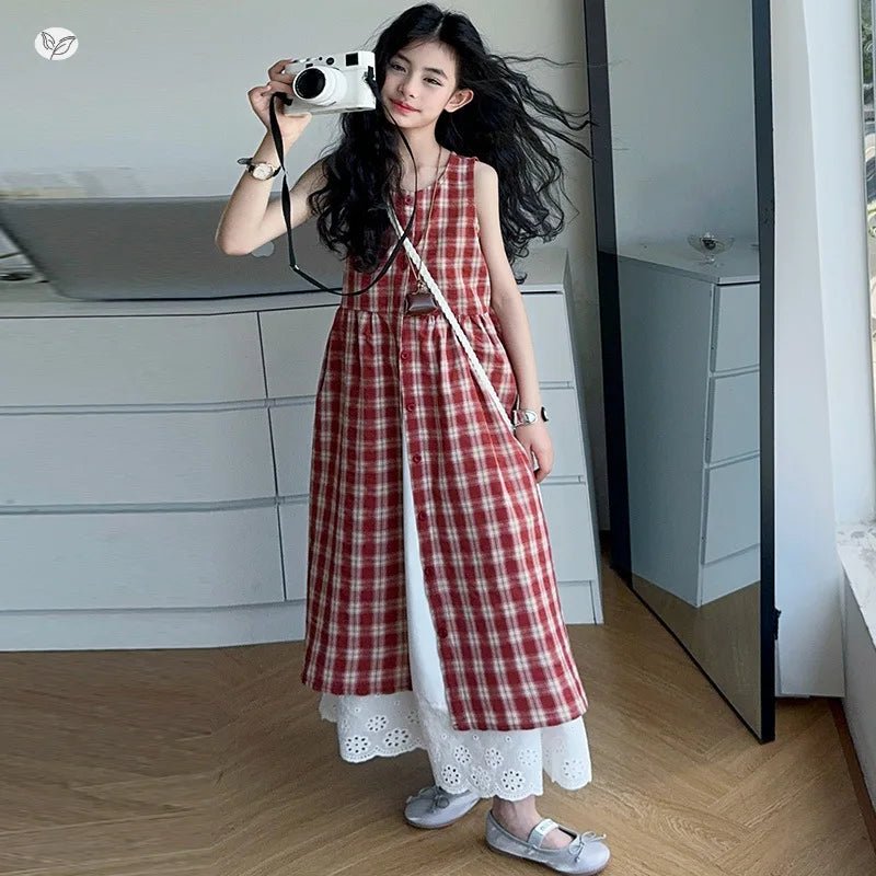 Summer Girls Retro Red Plaid Vest Dress 2-Piece Set Thin French Style Strappy Sundress Casual Vacation Outfit Teen Kids Clothes - Mom & Kids
