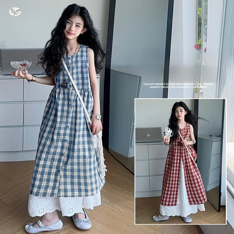 Summer Girls Retro Red Plaid Vest Dress 2-Piece Set Thin French Style Strappy Sundress Casual Vacation Outfit Teen Kids Clothes - Mom & Kids