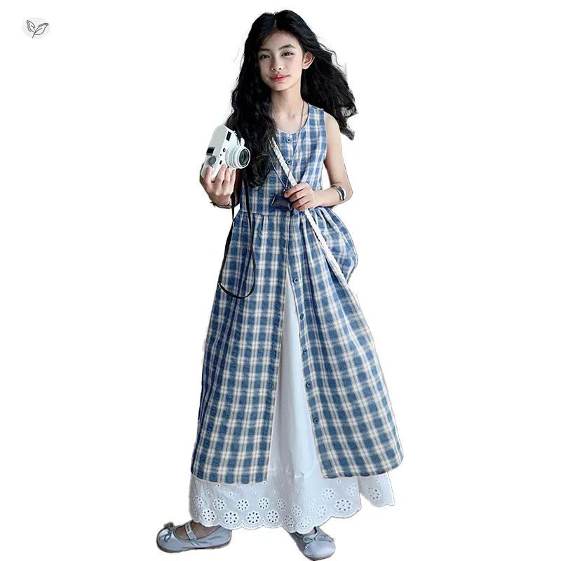 Summer Girls Retro Red Plaid Vest Dress 2-Piece Set Thin French Style Strappy Sundress Casual Vacation Outfit Teen Kids Clothes - Mom & Kids