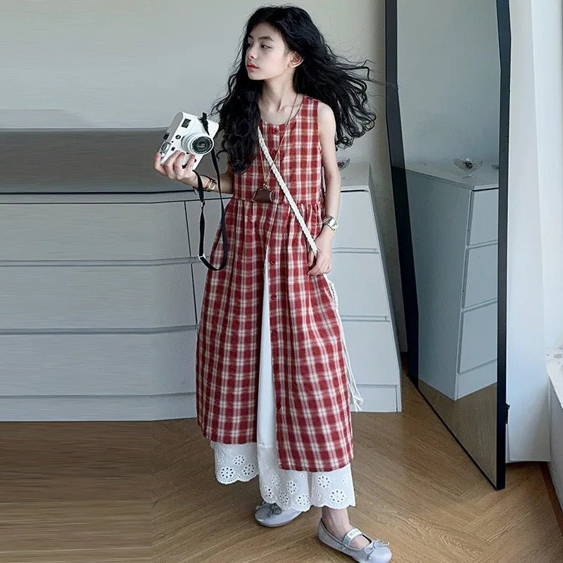 Summer Girls Retro Red Plaid Vest Dress 2-Piece Set Thin French Style Strappy Sundress Casual Vacation Outfit Teen Kids Clothes - Mom & Kids