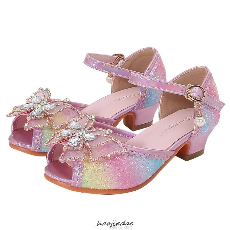 Summer High Heels Shoes for Girls Pageant Kids Sandals Child Mary Jane Shiny Princess Party Dress Up Shoes Purple Gold Pink Blue - Mom & Kids