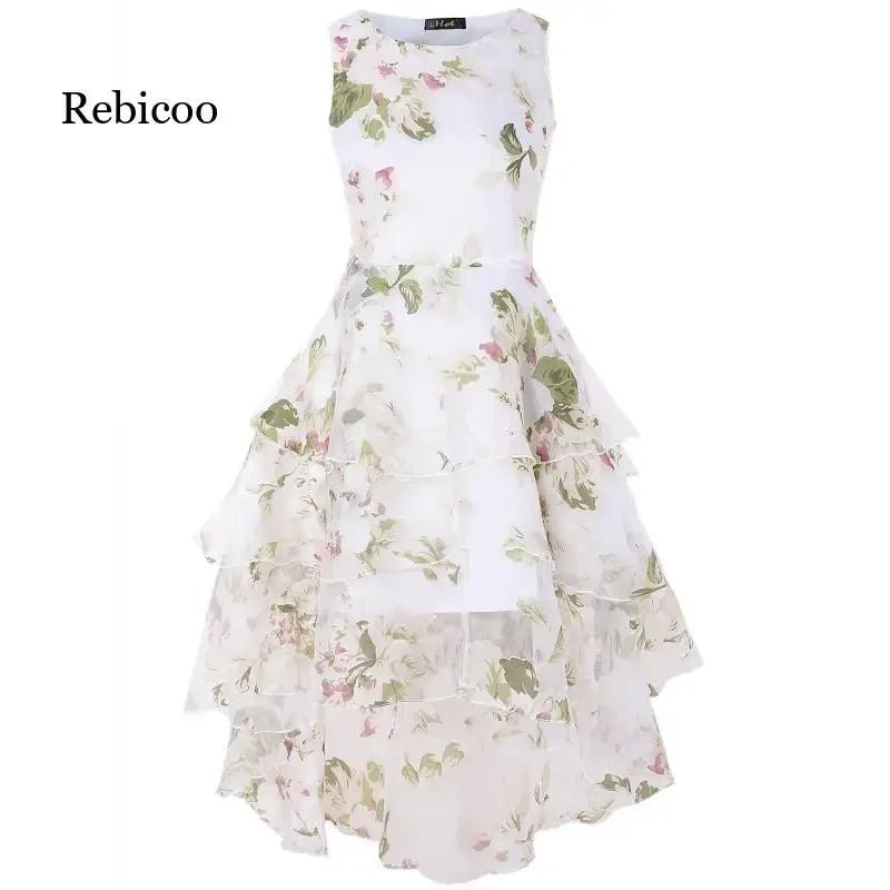 Vintage High Low Organza Party Dress with elegant sleeveless design and flowing high-low hem for parties and weddings