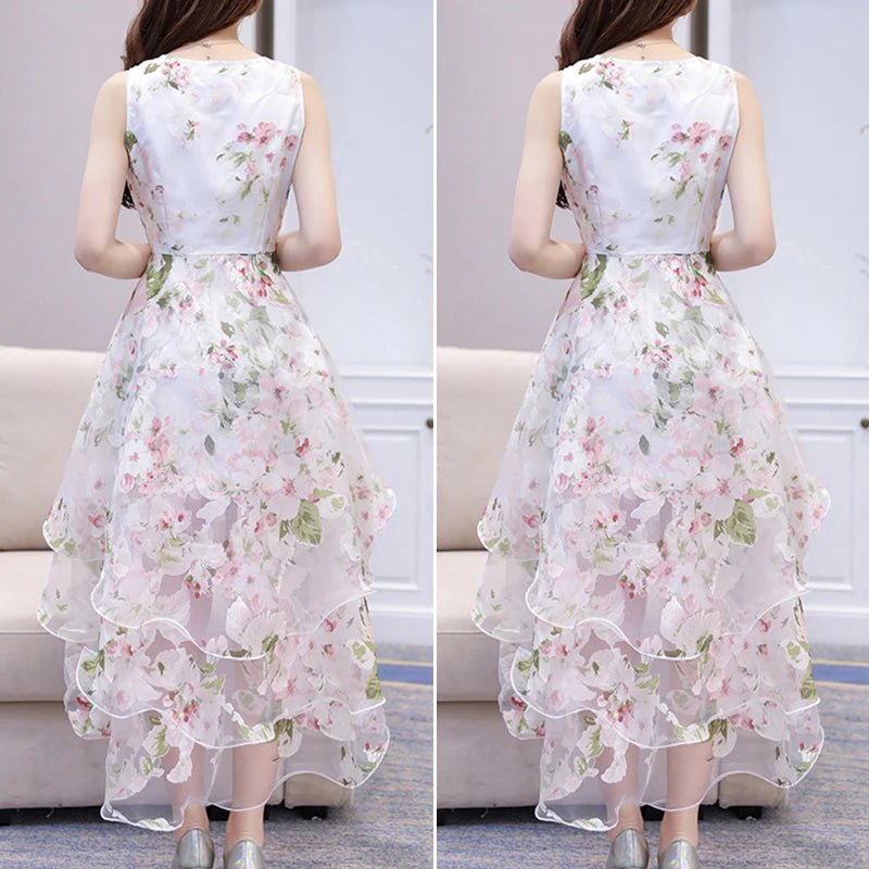 Vintage High Low Organza Party Dress with elegant sleeveless design and flowing high-low hem for parties and weddings