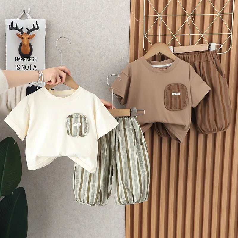 Summer Kid's Clothing Sets Boys' Short Sleeve Outfit Vertical Stripes T-shirt Pants 2Pcs Trendy Children's Costume Stylish - Mom & Kids