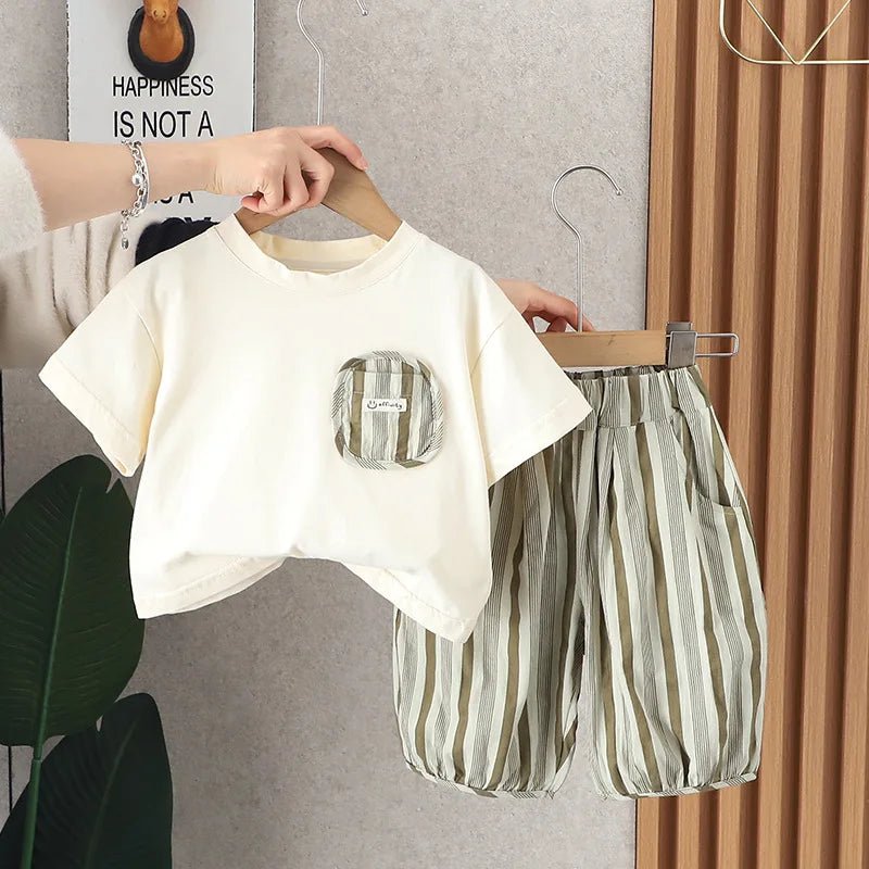 Summer Kid's Clothing Sets Boys' Short Sleeve Outfit Vertical Stripes T-shirt Pants 2Pcs Trendy Children's Costume Stylish - Mom & Kids
