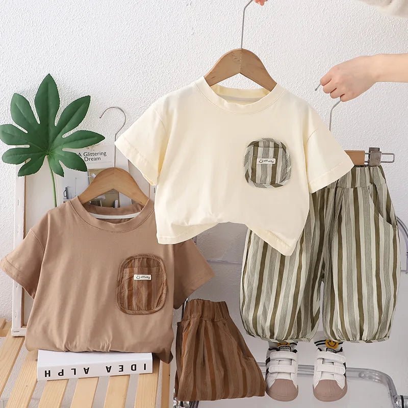 Summer Kid's Clothing Sets Boys' Short Sleeve Outfit Vertical Stripes T-shirt Pants 2Pcs Trendy Children's Costume Stylish - Mom & Kids